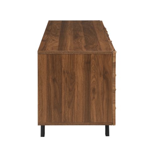 Meuble TV Moderne 160x39x50,5 Cm, Façade Ondulée, Motif Bois, Rangement, Pied En Fer, Mdf, Marron
