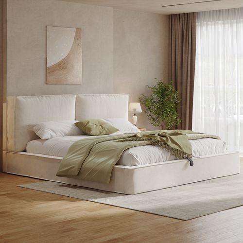 Lit Coffre Moderne 180x200 Cm Avec Rangements, Lit Double, Structure Stable, En Chenille Beige
