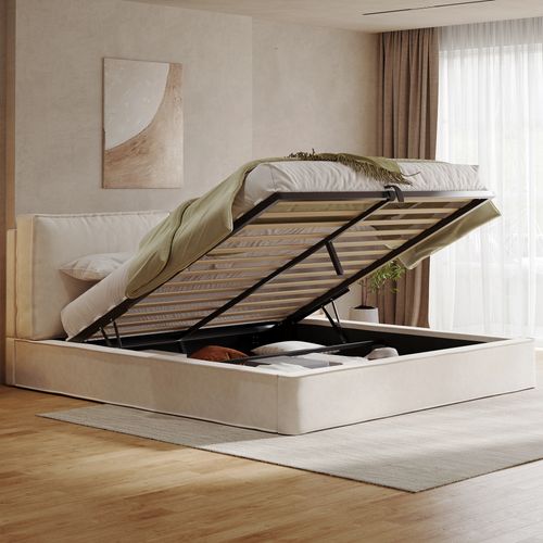 Lit Coffre Moderne 180x200 Cm Avec Rangements, Lit Double, Structure Stable, En Chenille Beige