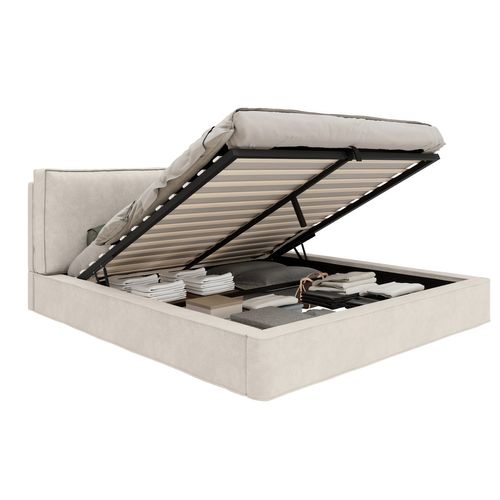 Lit Coffre Moderne 180x200 Cm Avec Rangements, Lit Double, Structure Stable, En Chenille Beige