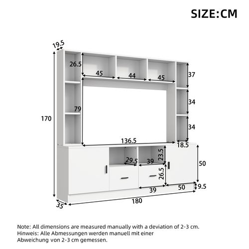 Meuble TV 180x35x170 Cm, 2 Portes, 2 Tiroirs, 11 Niches, Étagères, Panneau De Particules, Blanc