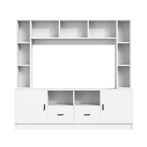 Meuble TV 180x35x170 Cm, 2 Portes, 2 Tiroirs, 11 Niches, Étagères, Panneau De Particules, Blanc