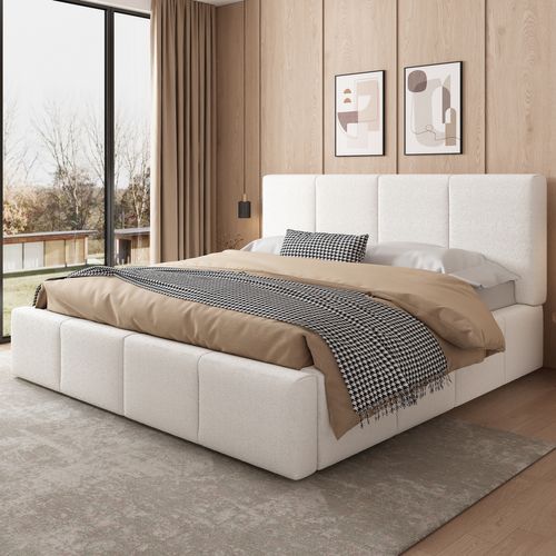 Lit Coffre Moderne 180x200 Cm, Rangements, Lit Double, Structure Stable,  En Tissu Bouclette Beige
