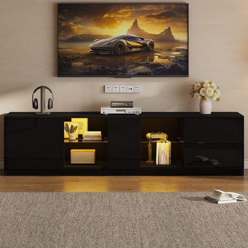 Meuble TV Moderne 160x40x52 Cm Avec LED Et Rangement, 2 Tiroirs, Porte, Verre Et Mdf, Noir