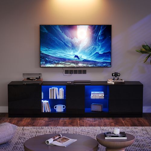 Meuble TV Moderne 160x40x52 Cm Avec LED Et Rangement, 2 Tiroirs, Porte, Verre Et Mdf, Noir