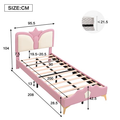 Lit Enfant Simple 90x200 Cm, Tête De Lit En Forme De Couronne, Style Moderne, Pu, Fer, Rose, Blanc