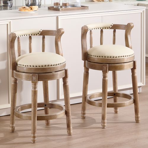 Tabouret De Bar 66 Cm, Pivotant 360 Degrés Avec Dossier, Cuir Véritable Et Bois, Couleur Blanc