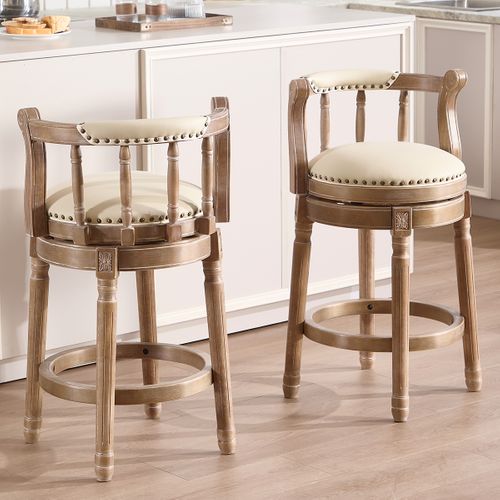 Tabouret De Bar 66 Cm, Pivotant 360 Degrés Avec Dossier, Cuir Véritable Et Bois, Couleur Blanc