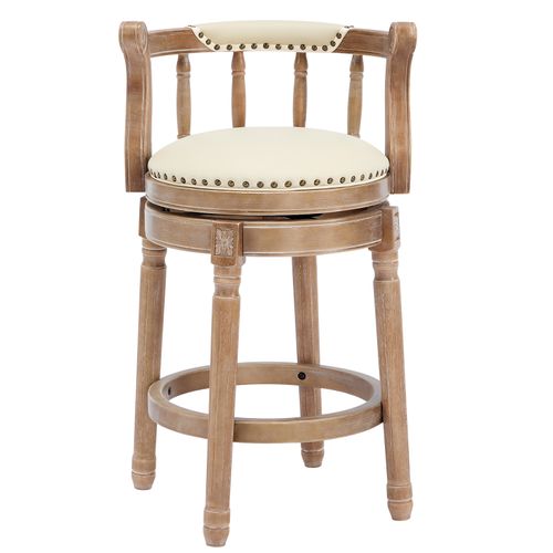 Tabouret De Bar 66 Cm, Pivotant 360 Degrés Avec Dossier, Cuir Véritable Et Bois, Couleur Blanc