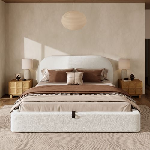 Lit Coffre Moderne 180x200 Cm, Rangements, Lit Double, Structure Stable,  En Tissu Bouclette Beige