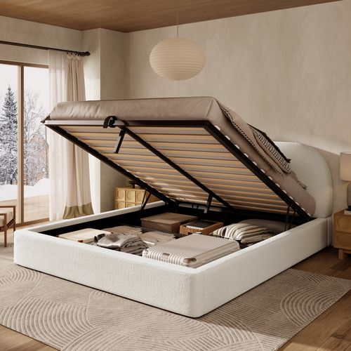 Lit Coffre Moderne 180x200 Cm, Rangements, Lit Double, Structure Stable,  En Tissu Bouclette Beige