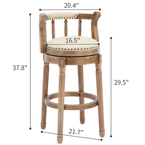 Tabouret De Bar 75 Cm, Rotation 360 Degrés, Cuir, Structure En Bois, Couleur Blanc Ivoire