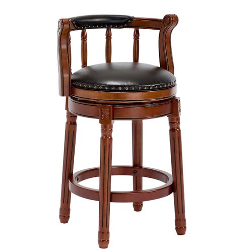 Tabouret De Bar Pivotant 360, Hauteur 66cm, Dossier Confort, Cuir Véritable, Bois, Couleur Noir+brun