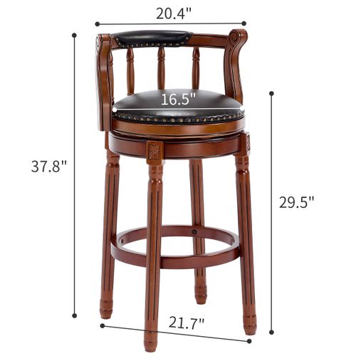 Tabouret De Bar 75 Cm, Pivotant 360, Dossier Ergonomique, Cuir Véritable, Bois, Couleur Noir+brun