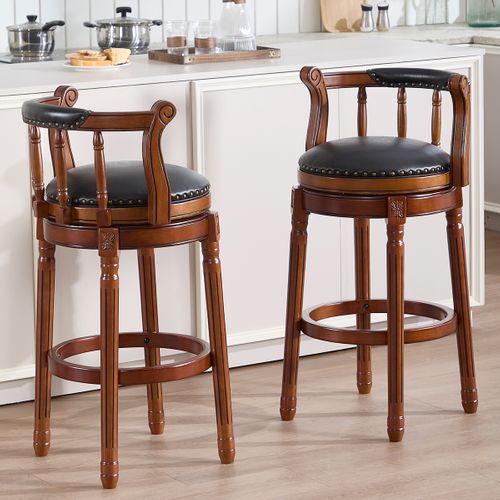 Tabouret De Bar 75 Cm, Pivotant 360, Dossier Ergonomique, Cuir Véritable, Bois, Couleur Noir+brun