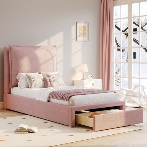 Lit Enfant Simple 90x200 Cm Avec Rangements, Tête De Lit Réglable, 1 Tiroir, En Chenille Rose