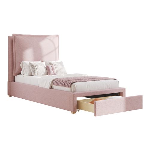 Lit Enfant Simple 90x200 Cm Avec Rangements, Tête De Lit Réglable, 1 Tiroir, En Chenille Rose