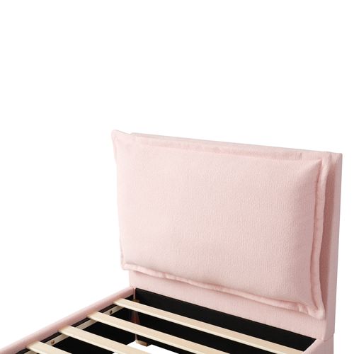 Lit Enfant Simple 90x200 Cm Avec Rangements, Tête De Lit Réglable, 1 Tiroir, En Chenille Rose