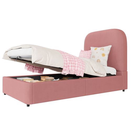 Lit Coffre Simple 90x200 Cm, Lit Enfant Avec Rangement Dissimulé, Style Moderne, Velours Rose