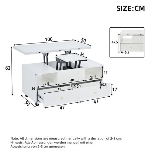 Table Basse Relevable 100 X 50 X 47,5 Cm, Plateau Rabattable Convertible, 4 Tiroirs, Mdf, Blanc