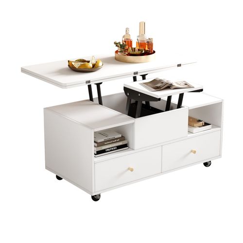 Table Basse Relevable 100 X 50 X 47,5 Cm, Plateau Rabattable Convertible, 4 Tiroirs, Mdf, Blanc