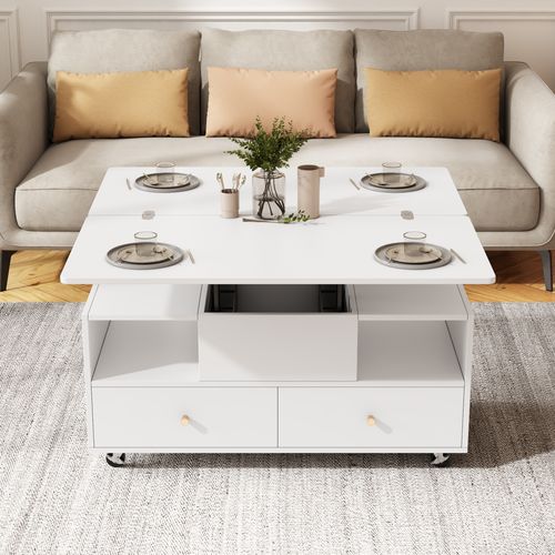 Table Basse Relevable 100 X 50 X 47,5 Cm, Plateau Rabattable Convertible, 4 Tiroirs, Mdf, Blanc