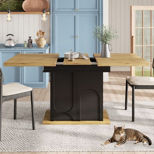 Table Extensible 110/140x80x76 Cm, Pour 2-6 Personnes, 2 Portes, Rangement Ouvert, Mdf, Noir+bois