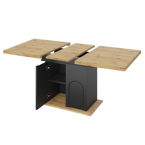 Table Extensible 110/140x80x76 Cm, Pour 2-6 Personnes, 2 Portes, Rangement Ouvert, Mdf, Noir+bois