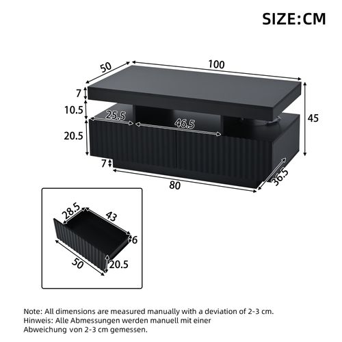 Table Basse 100x50x45 Cm, 2 Tiroirs, Rayures Verticales Thermoformées, LED, Panneau Particules, Noir
