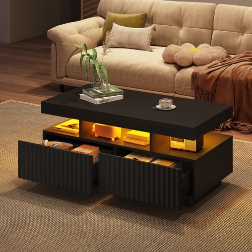 Table Basse 100x50x45 Cm, 2 Tiroirs, Rayures Verticales Thermoformées, LED, Panneau Particules, Noir