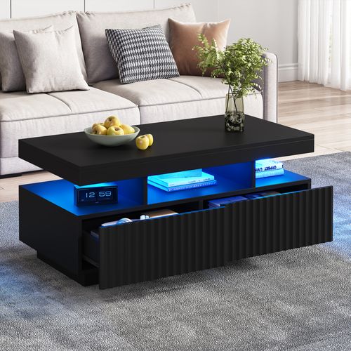 Table Basse 100x50x45 Cm, 2 Tiroirs, Rayures Verticales Thermoformées, LED, Panneau Particules, Noir