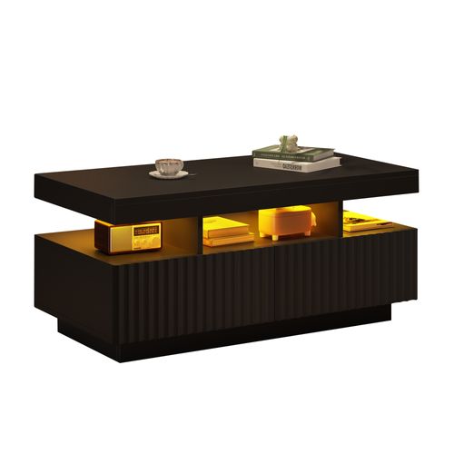 Table Basse 100x50x45 Cm, 2 Tiroirs, Rayures Verticales Thermoformées, LED, Panneau Particules, Noir
