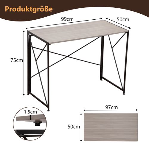 Bureau Pliant 99x50x75cm, Montage Simple, Gain De Place, Plateau Mdf Pieds Métal, Noir+naturel
