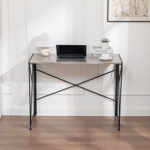 Bureau Pliant 99x50x75cm, Montage Simple, Gain De Place, Plateau Mdf Pieds Métal, Noir+naturel