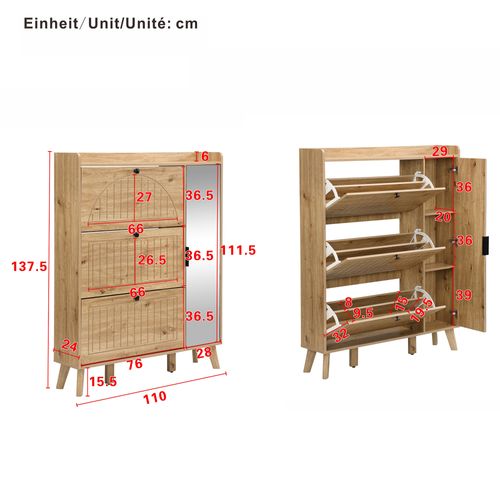 Meuble à Chaussures Moderne 110x24x137,5 Cm, Grand Miroir, 3 Portes Abattants, Mdf, Couleur Bois