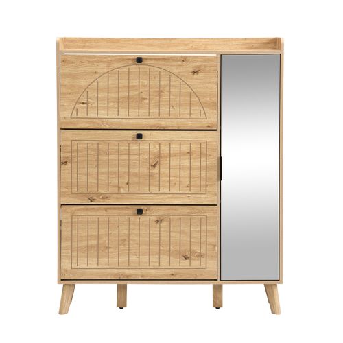 Meuble à Chaussures Moderne 110x24x137,5 Cm, Grand Miroir, 3 Portes Abattants, Mdf, Couleur Bois