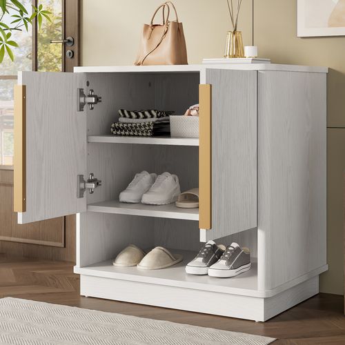 Meuble à Chaussures Moderne 60x40x61 Cm, 2 Portes, Niche Ouverte Avec Poignées Dorées, Mdf, Blanc