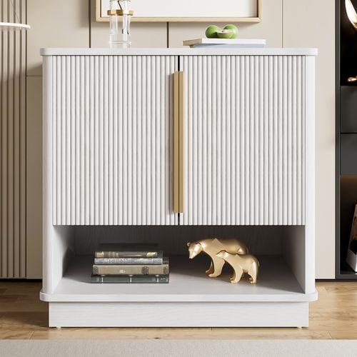 Meuble à Chaussures Moderne 60x40x61 Cm, 2 Portes, Niche Ouverte Avec Poignées Dorées, Mdf, Blanc