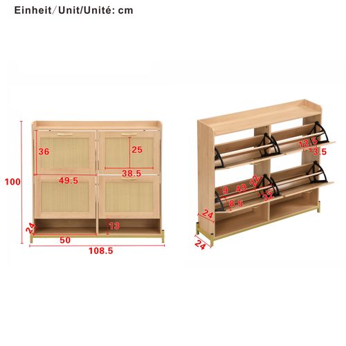 Meuble à Chaussures 108,5x24x100 Cm, Motif Bois, Portes En Rotin, Structure Métal, Mdf, Bois