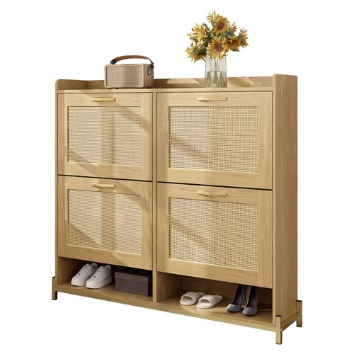 Meuble à Chaussures 108,5x24x100 Cm, Motif Bois, Portes En Rotin, Structure Métal, Mdf, Bois