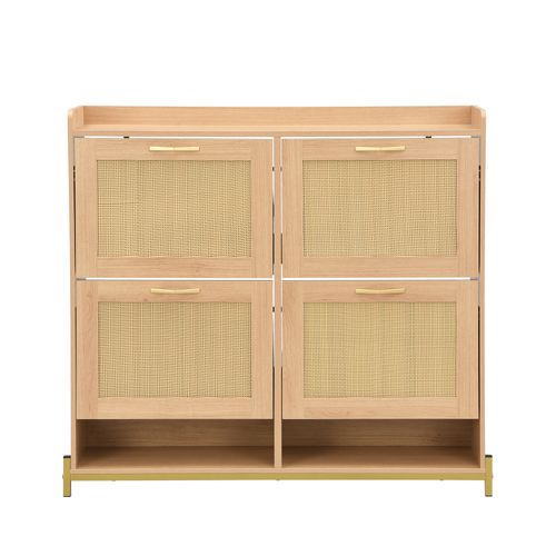 Meuble à Chaussures 108,5x24x100 Cm, Motif Bois, Portes En Rotin, Structure Métal, Mdf, Bois