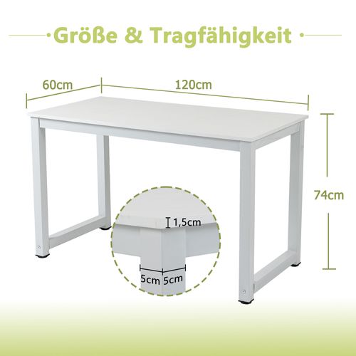 Bureau 120x60x74 Cm, Grande Surface Pratique, Finition Mdf Et Métal, Couleur Blanc, Design Moderne