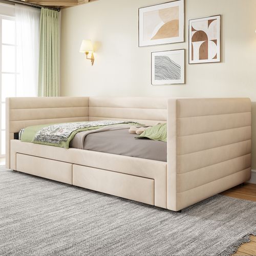 Lit Gigogne 90x190cm, Convertible En 180x190cm, 3 En 1, 2 Tiroirs, Tissu Lin, Beige