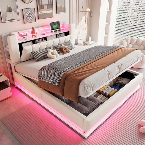 Lit Coffre Double 180x200 Cm Avec Rangement, Lit Adulte, LED Et Ports USB, 2 Niches, Velours Beige