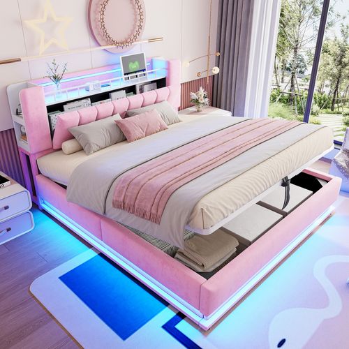 Lit Coffre Double 180x200 Cm Avec Rangement, Lit Adulte, LED Et Ports USB, 2 Niches, Velours Rose