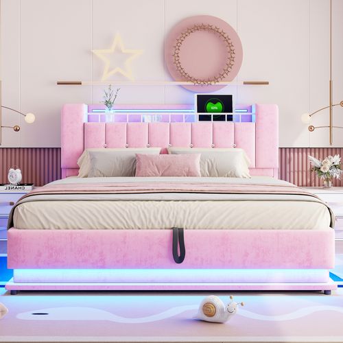 Lit Coffre Double 180x200 Cm Avec Rangement, Lit Adulte, LED Et Ports USB, 2 Niches, Velours Rose