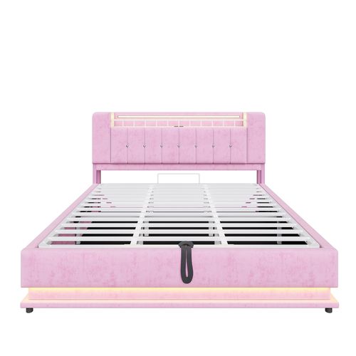 Lit Coffre Double 180x200 Cm Avec Rangement, Lit Adulte, LED Et Ports USB, 2 Niches, Velours Rose