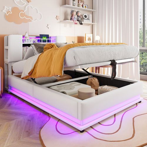 Lit Coffre Enfant 90x200 Cm, Lit Simple, LED Et Port USB, 2 Niches, Rangement, Velours Beige
