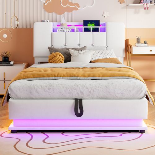 Lit Coffre Enfant 90x200 Cm, Lit Simple, LED Et Port USB, 2 Niches, Rangement, Velours Beige