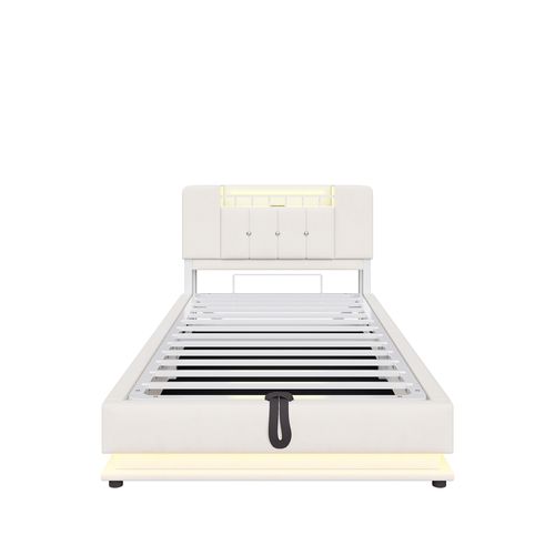 Lit Coffre Enfant 90x200 Cm, Lit Simple, LED Et Port USB, 2 Niches, Rangement, Velours Beige